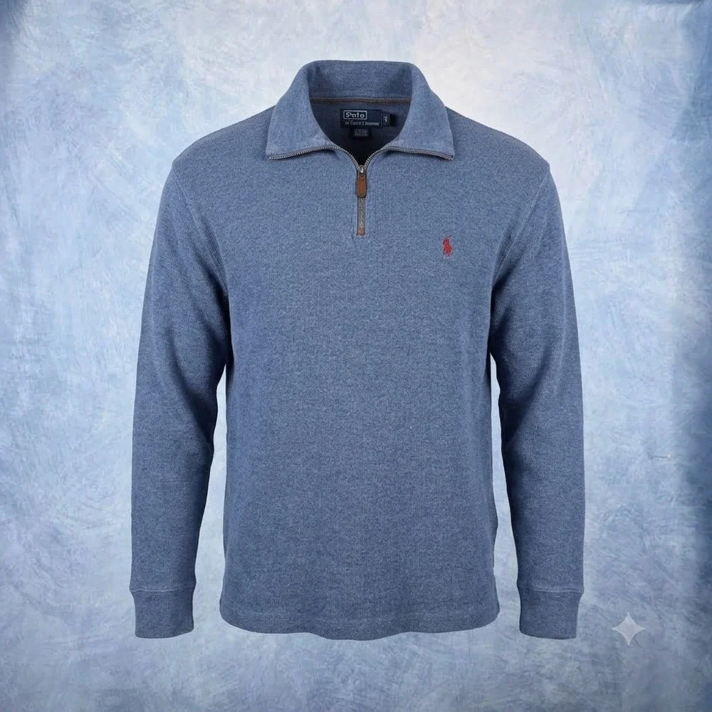 Polo Ralph Lauren Mens Blue 1/4 Zip Cotton Knit Pullover Sweater Large
